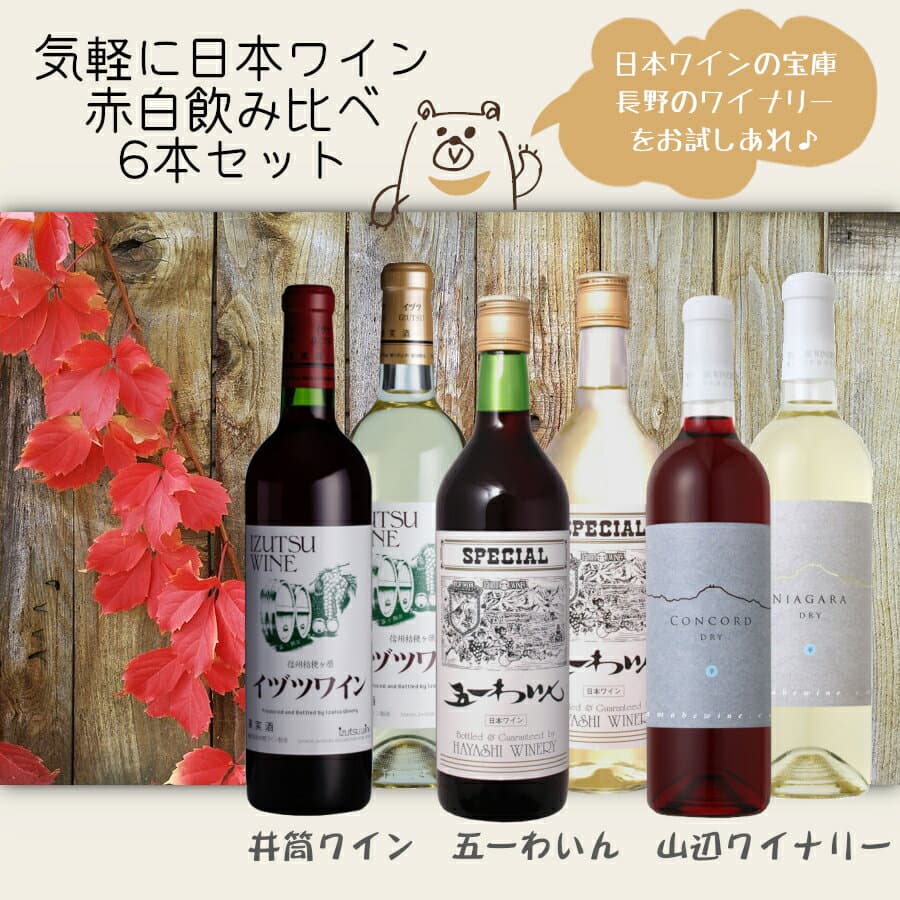 気軽に楽しみたい日本ワイン赤白6本セット / 井筒ワイン 五一わいん 山辺ワイナリー〔スタンダード赤・白、スペシャル赤・白、コンコード辛口・ナイアガラ辛口〕720ml×6本 長野 国産 人気 フルボトル 誕生日 母の日 父の日ギフト 51